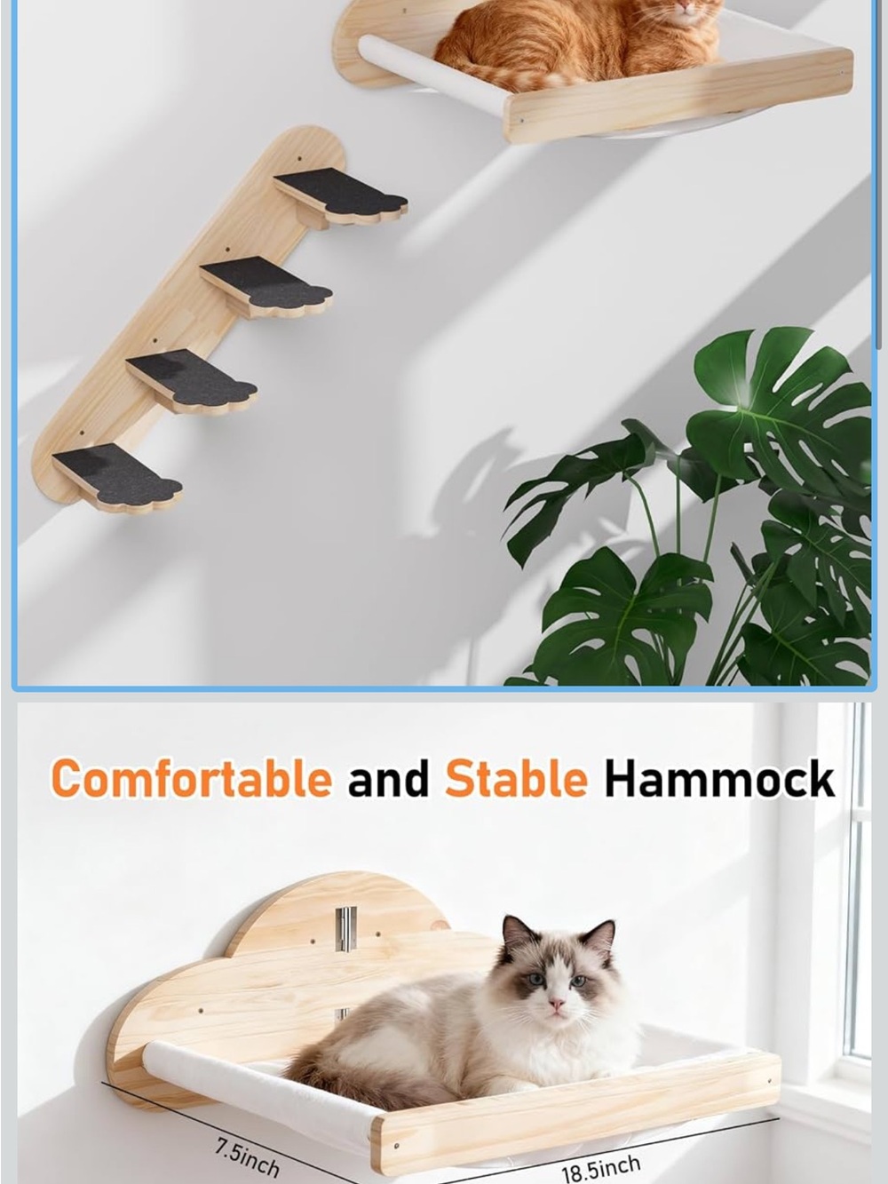 Natural Wood Cat Wall Hammock with Steps